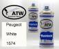 Preview: Peugeot, White, 1574: 400ml Sprühdose + 400ml Klarlack - Set, von ATW Autoteile West.
