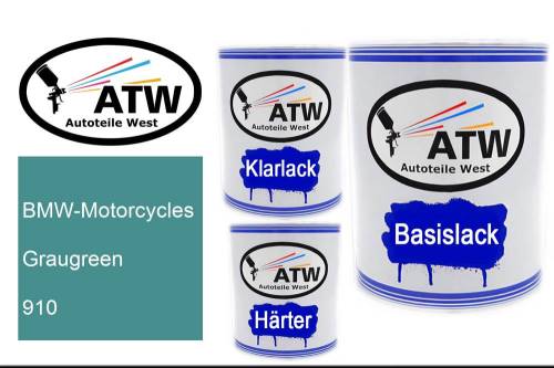 BMW-Motorcycles, Graugreen, 910: 1L Lackdose + 1L Klarlack + 500ml Härter - Set, von ATW Autoteile West.