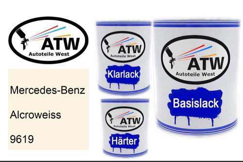 Mercedes-Benz, Alcroweiss, 9619: 1L Lackdose + 1L Klarlack + 500ml Härter - Set, von ATW Autoteile West.