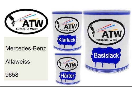 Mercedes-Benz, Alfaweiss, 9658: 1L Lackdose + 1L Klarlack + 500ml Härter - Set, von ATW Autoteile West.