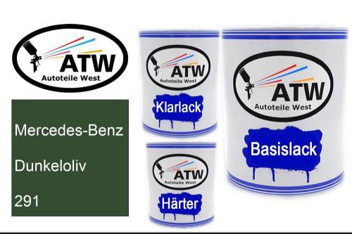 Mercedes-Benz, Dunkeloliv, 291: 1L Lackdose + 1L Klarlack + 500ml Härter - Set, von ATW Autoteile West.