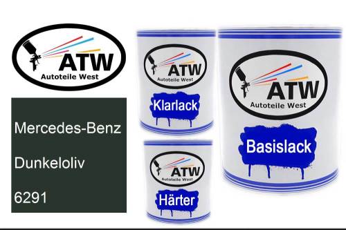 Mercedes-Benz, Dunkeloliv, 6291: 1L Lackdose + 1L Klarlack + 500ml Härter - Set, von ATW Autoteile West.