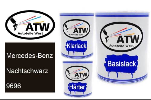 Mercedes-Benz, Nachtschwarz, 9696: 1L Lackdose + 1L Klarlack + 500ml Härter - Set, von ATW Autoteile West.