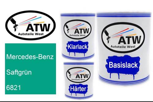Mercedes-Benz, Saftgrün, 6821: 1L Lackdose + 1L Klarlack + 500ml Härter - Set, von ATW Autoteile West.