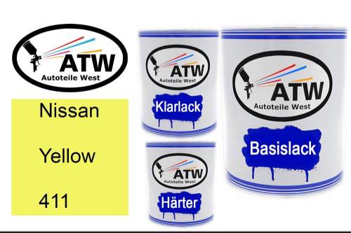 Nissan, Yellow, 411: 1L Lackdose + 1L Klarlack + 500ml Härter - Set, von ATW Autoteile West.