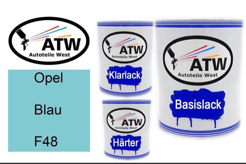 Opel, Blau, F48: 1L Lackdose + 1L Klarlack + 500ml Härter - Set, von ATW Autoteile West.