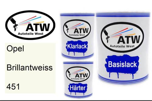 Opel, Brillantweiss, 451: 1L Lackdose + 1L Klarlack + 500ml Härter - Set, von ATW Autoteile West.