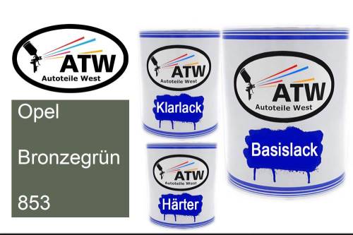 Opel, Bronzegrün, 853: 1L Lackdose + 1L Klarlack + 500ml Härter - Set, von ATW Autoteile West.