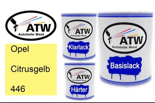 Opel, Citrusgelb, 446: 1L Lackdose + 1L Klarlack + 500ml Härter - Set, von ATW Autoteile West.