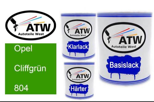 Opel, Cliffgrün, 804: 1L Lackdose + 1L Klarlack + 500ml Härter - Set, von ATW Autoteile West.