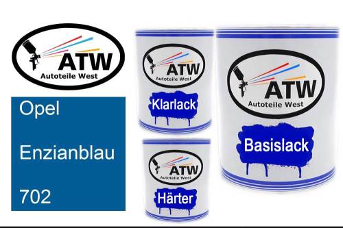 Opel, Enzianblau, 702: 1L Lackdose + 1L Klarlack + 500ml Härter - Set, von ATW Autoteile West.