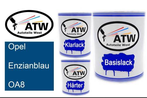 Opel, Enzianblau, OA8: 1L Lackdose + 1L Klarlack + 500ml Härter - Set, von ATW Autoteile West.
