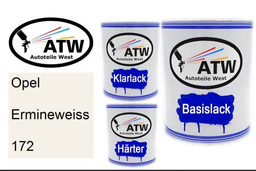 Opel, Ermineweiss, 172: 1L Lackdose + 1L Klarlack + 500ml Härter - Set, von ATW Autoteile West.