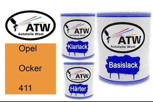 Opel, Ocker, 411: 1L Lackdose + 1L Klarlack + 500ml Härter - Set, von ATW Autoteile West.