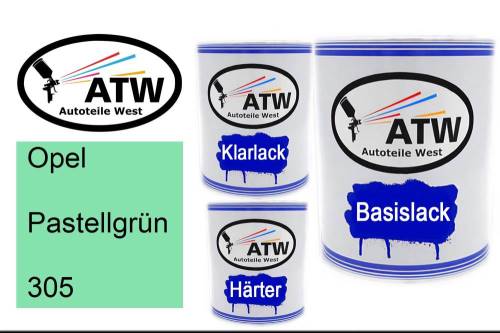 Opel, Pastellgrün, 305: 1L Lackdose + 1L Klarlack + 500ml Härter - Set, von ATW Autoteile West.