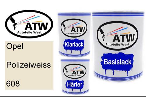 Opel, Polizeiweiss, 608: 1L Lackdose + 1L Klarlack + 500ml Härter - Set, von ATW Autoteile West.