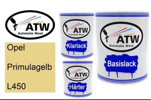 Opel, Primulagelb, L450: 1L Lackdose + 1L Klarlack + 500ml Härter - Set, von ATW Autoteile West.