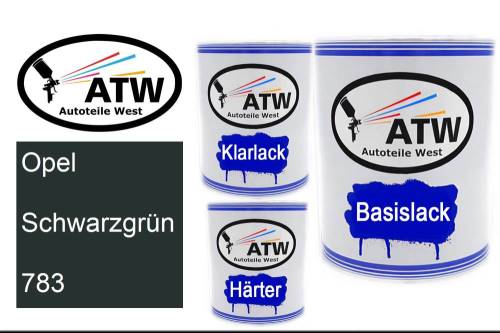 Opel, Schwarzgrün, 783: 1L Lackdose + 1L Klarlack + 500ml Härter - Set, von ATW Autoteile West.