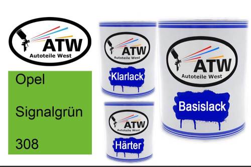 Opel, Signalgrün, 308: 1L Lackdose + 1L Klarlack + 500ml Härter - Set, von ATW Autoteile West.