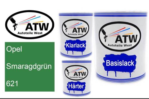 Opel, Smaragdgrün, 621: 1L Lackdose + 1L Klarlack + 500ml Härter - Set, von ATW Autoteile West.