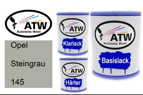 Opel, Steingrau, 145: 1L Lackdose + 1L Klarlack + 500ml Härter - Set, von ATW Autoteile West.