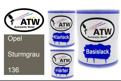 Opel, Sturmgrau, 136: 1L Lackdose + 1L Klarlack + 500ml Härter - Set, von ATW Autoteile West.