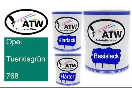 Opel, Tuerkisgrün, 768: 1L Lackdose + 1L Klarlack + 500ml Härter - Set, von ATW Autoteile West.