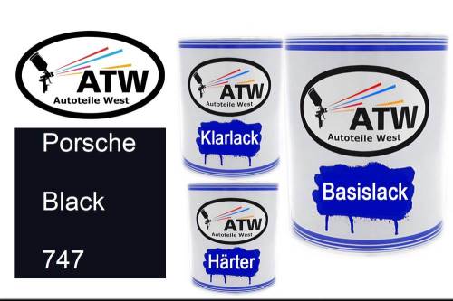 Porsche, Black, 747: 1L Lackdose + 1L Klarlack + 500ml Härter - Set, von ATW Autoteile West.