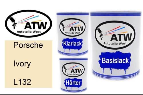 Porsche, Ivory, L132: 1L Lackdose + 1L Klarlack + 500ml Härter - Set, von ATW Autoteile West.
