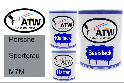 Porsche, Sportgrau, M7M: 1L Lackdose + 1L Klarlack + 500ml Härter - Set, von ATW Autoteile West.
