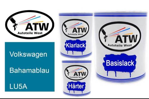 Volkswagen, Bahamablau, LU5A: 1L Lackdose + 1L Klarlack + 500ml Härter - Set, von ATW Autoteile West.
