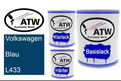 Volkswagen, Blau, L433: 1L Lackdose + 1L Klarlack + 500ml Härter - Set, von ATW Autoteile West.