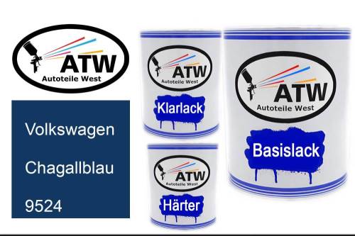 Volkswagen, Chagallblau, 9524: 1L Lackdose + 1L Klarlack + 500ml Härter - Set, von ATW Autoteile West.