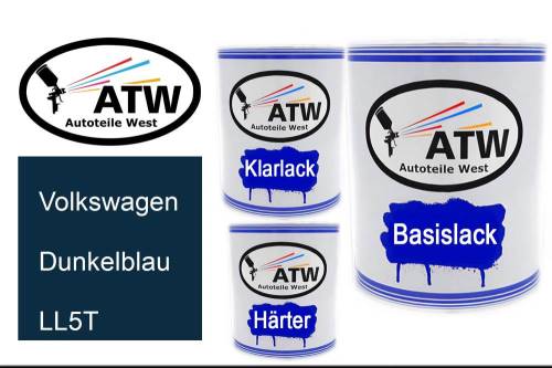 Volkswagen, Dunkelblau, LL5T: 1L Lackdose + 1L Klarlack + 500ml Härter - Set, von ATW Autoteile West.