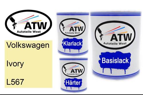 Volkswagen, Ivory, L567: 1L Lackdose + 1L Klarlack + 500ml Härter - Set, von ATW Autoteile West.