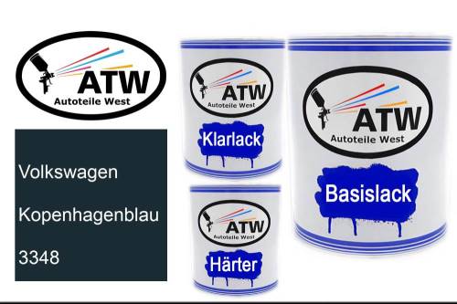 Volkswagen, Kopenhagenblau, 3348: 1L Lackdose + 1L Klarlack + 500ml Härter - Set, von ATW Autoteile West.