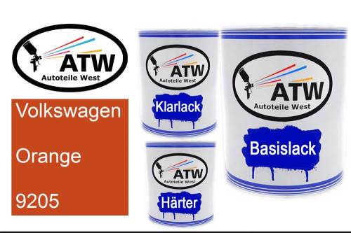 Volkswagen, Orange, 9205: 1L Lackdose + 1L Klarlack + 500ml Härter - Set, von ATW Autoteile West.