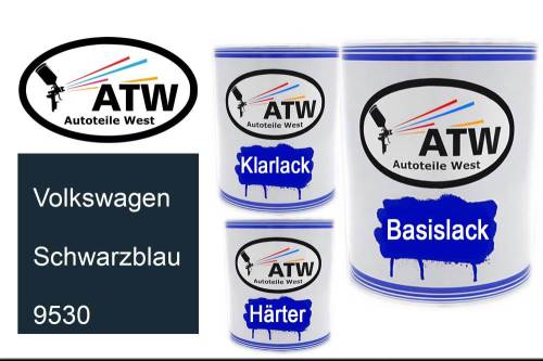 Volkswagen, Schwarzblau, 9530: 1L Lackdose + 1L Klarlack + 500ml Härter - Set, von ATW Autoteile West.
