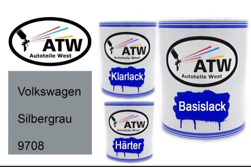 Volkswagen, Silbergrau, 9708: 1L Lackdose + 1L Klarlack + 500ml Härter - Set, von ATW Autoteile West.