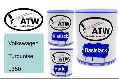 Volkswagen, Turquoise, L380: 1L Lackdose + 1L Klarlack + 500ml Härter - Set, von ATW Autoteile West.