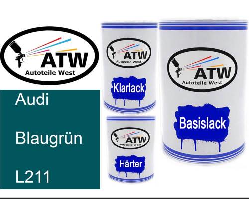 Audi, Blaugrün, L211: 500ml Lackdose + 500ml Klarlack + 250ml Härter - Set, von ATW Autoteile West.