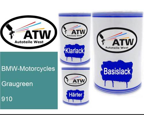 BMW-Motorcycles, Graugreen, 910: 500ml Lackdose + 500ml Klarlack + 250ml Härter - Set, von ATW Autoteile West.