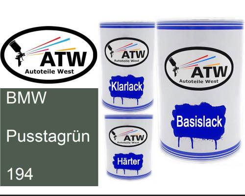 BMW, Pusstagrün, 194: 500ml Lackdose + 500ml Klarlack + 250ml Härter - Set, von ATW Autoteile West.