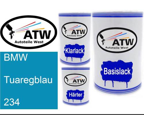 BMW, Tuaregblau, 234: 500ml Lackdose + 500ml Klarlack + 250ml Härter - Set, von ATW Autoteile West.