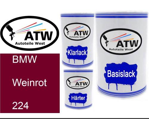 BMW, Weinrot, 224: 500ml Lackdose + 500ml Klarlack + 250ml Härter - Set, von ATW Autoteile West.