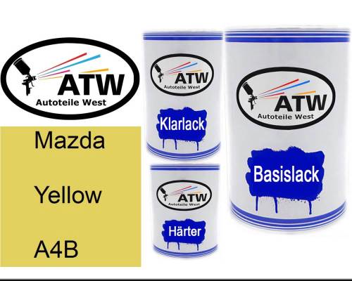 Mazda, Yellow, A4B: 500ml Lackdose + 500ml Klarlack + 250ml Härter - Set, von ATW Autoteile West.