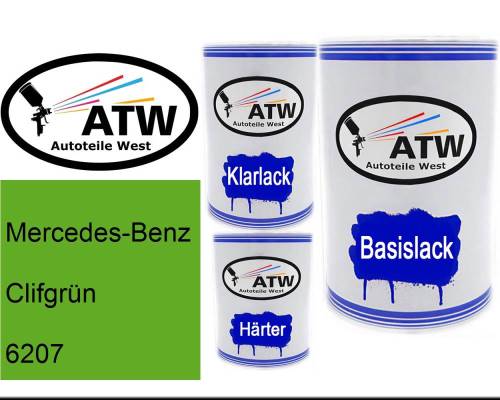 Mercedes-Benz, Clifgrün, 6207: 500ml Lackdose + 500ml Klarlack + 250ml Härter - Set, von ATW Autoteile West.