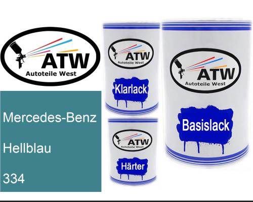Mercedes-Benz, Hellblau, 334: 500ml Lackdose + 500ml Klarlack + 250ml Härter - Set, von ATW Autoteile West.