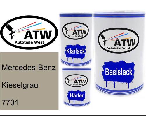 Mercedes-Benz, Kieselgrau, 7701: 500ml Lackdose + 500ml Klarlack + 250ml Härter - Set, von ATW Autoteile West.
