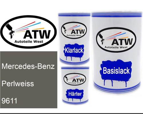 Mercedes-Benz, Perlweiss, 9611: 500ml Lackdose + 500ml Klarlack + 250ml Härter - Set, von ATW Autoteile West.